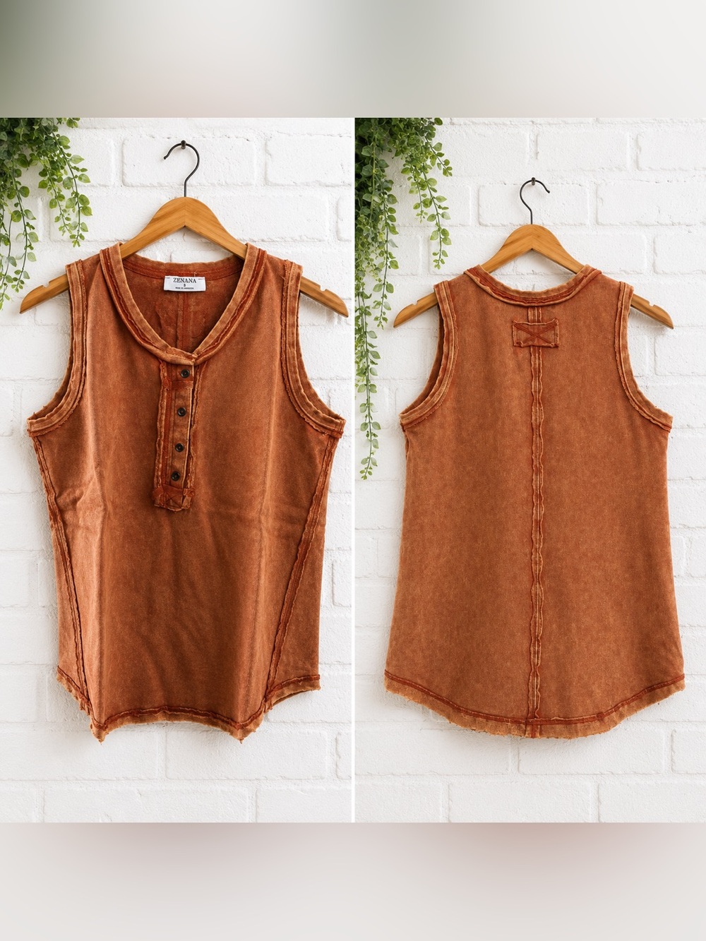 Zenana Sz Lg. Washed Half-Button Raw Edge Sleeveless Henley Tank Top Rust Orange
